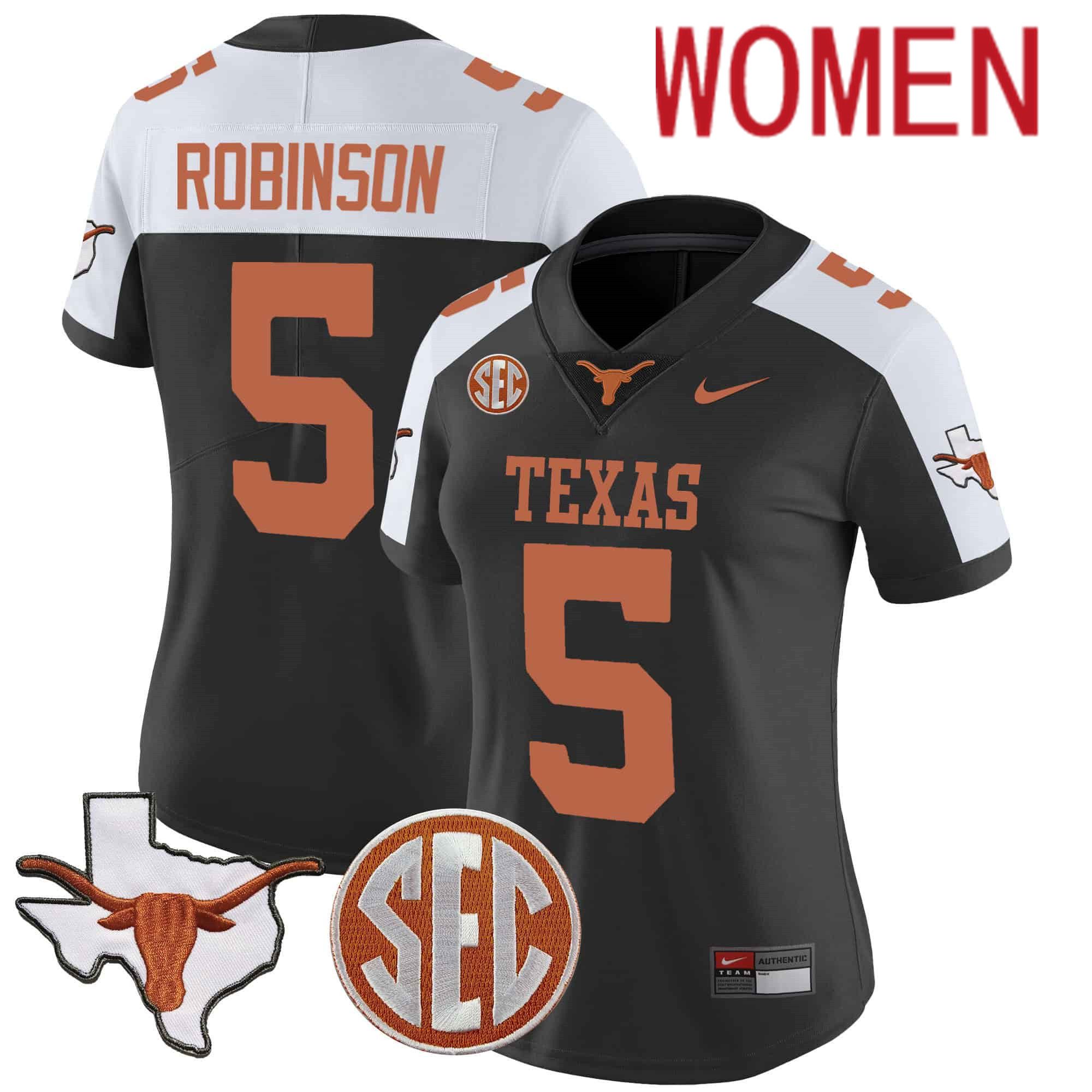 Women Texas Longhorns #5 Robinson Black 2024 Nike State Map & SEC Patch Vapor NCAA Jersey->women nfl jersey->Women Jersey
